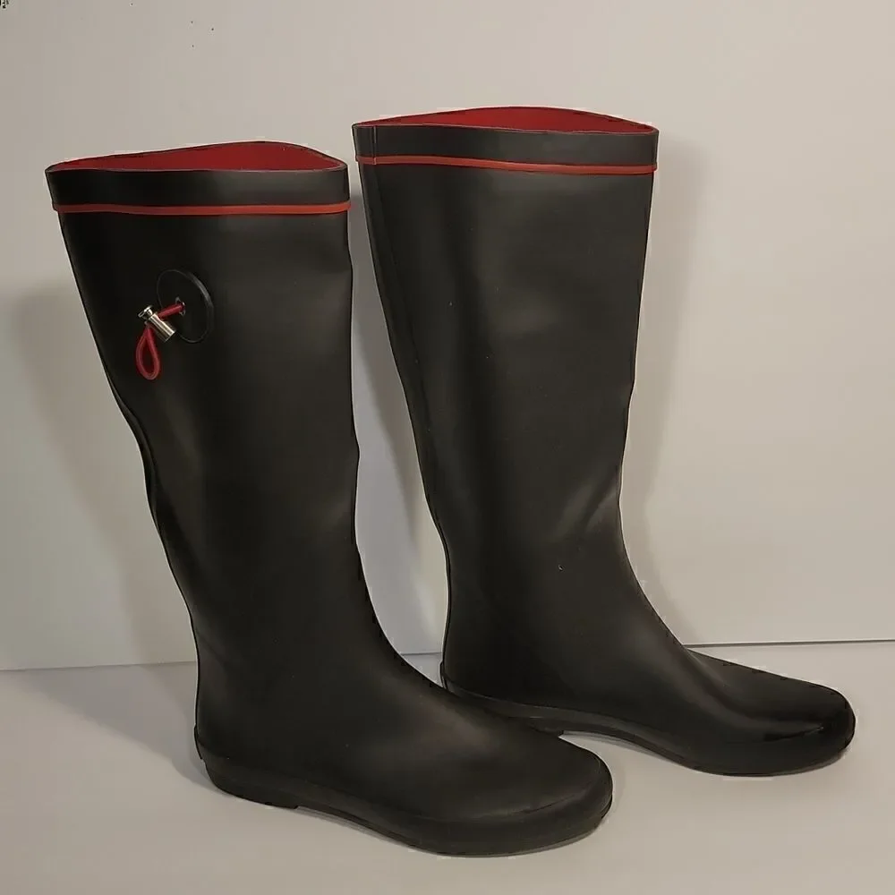 Henry Ferrera Tall Blk/Red Drawstring Rain Boots Ladies Size 8